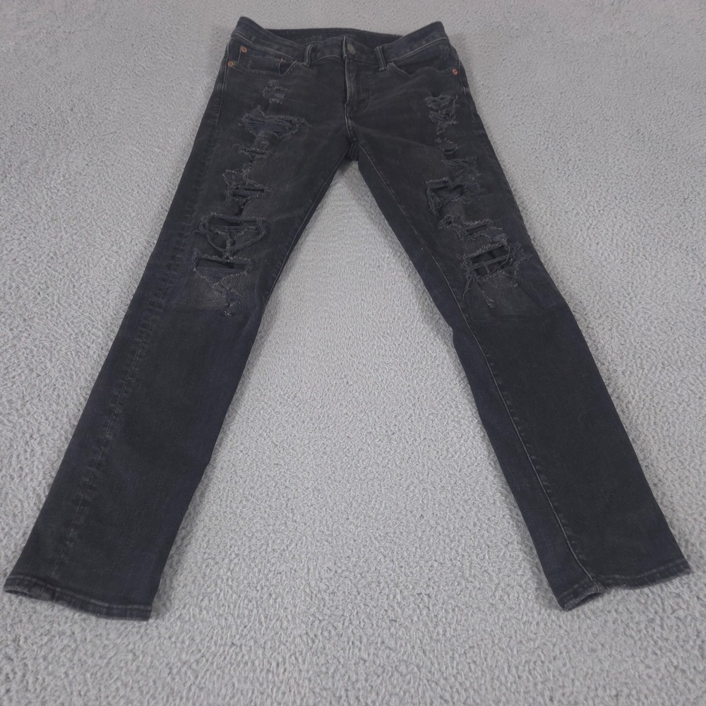 American Eagle Jeans Mens 29x30 Black Skinny AirFlex Distressed Low Rise Stretch